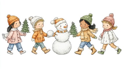 Five Children and a Snowman Walking in Winter Wonderland