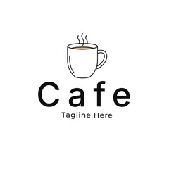 Simple minimalist line art illustration of a steaming hot beverage mug, perfect for a modern coffee shop or cafe branding concept