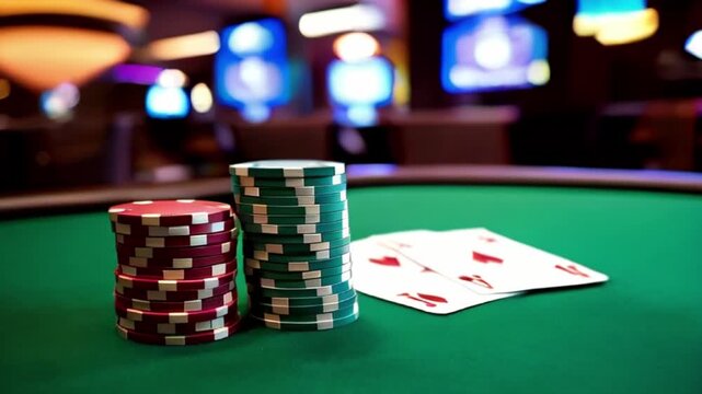 a stack of casino chips and two playing cards on a green table. The background is blurred and shows a casino created with generative ai