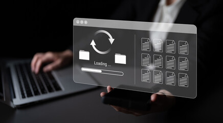 File synchronization or loading interface with progress bar, folders, and documents, symbolizing data backup, transfer, and system update Parse