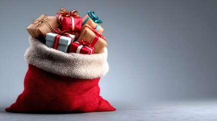 Red sack filled with beautifully wrapped gifts in various colors, showcasing festive decorations, creating a joyful holiday atmosphere with a soft gray background