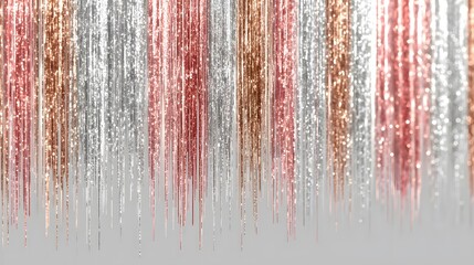 Shimmering strands of metallic foil in silver, rose gold, and copper hues hang vertically, creating a vibrant and festive atmosphere for celebrations and events with copy space
