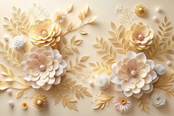 Elegant Paper Flowers and Golden Leaves Arrangement A Delicate and Sophisticated Floral Design