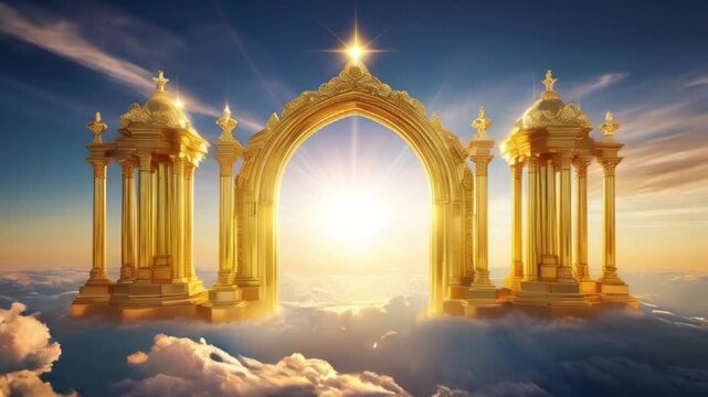 Shimmering golden heaven gates in the sky surrounded created with generative ai