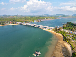 Aerial view of Sarasin bridge road transportation background concept The bridge is a between Phang Nga and Phuket island Thailand The bridge is the most important in making business and transportation