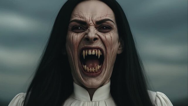 Woman with Black Hair Holding Glowing Ring Box Transforming into Scary Vampire Monster