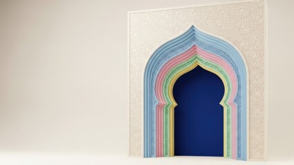 Colorful ornamental archway on beige background. Islamic design element for festive season.