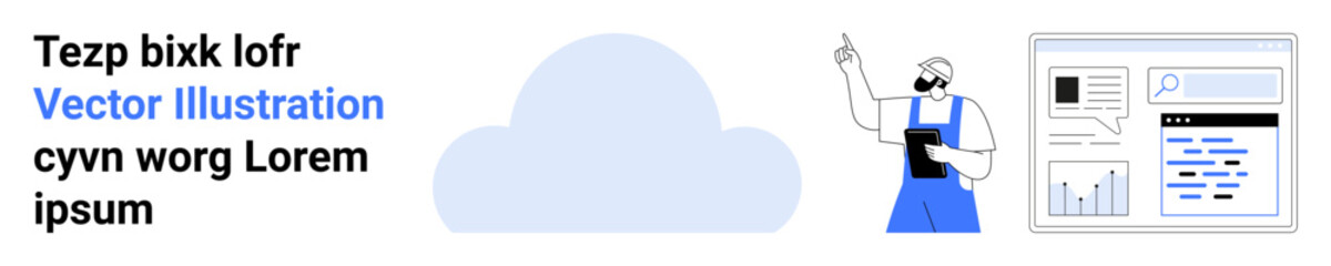 Cloud computing, data management, technology, business analytics, online tools, digital transformation. A person gestures toward a digital chart next to a cloud visual. Cloud computing and data