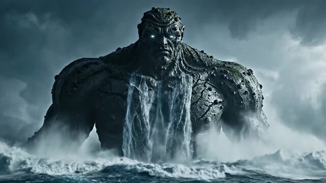 Giant Stone Creature Rises From Ocean Waves Under Stormy Sky.