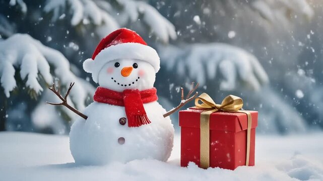 A smiling snowman wearing a Santa hat and scarf next to a large red present in a snowy forest. Festive holiday scene.