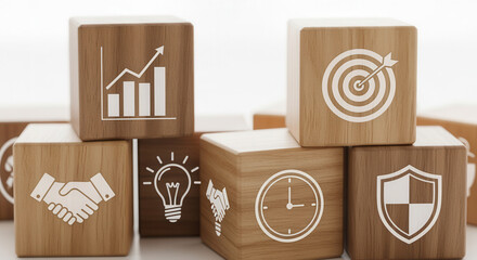 Wooden cubes featuring leadership KPI icons arranged using macro clarity and bright softly diffused background