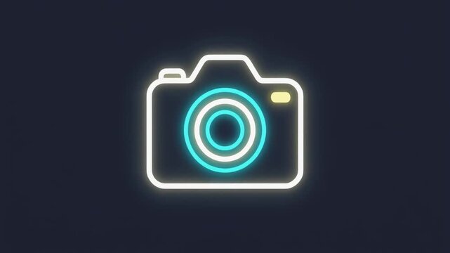 Neon glowing outline of a digital camera with a blue lens and yellow flash on a dark background, representing modern photography.