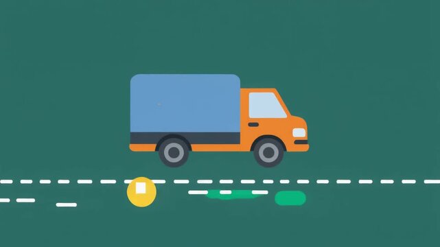 Cartoon delivery truck driving on a green road with dashed lines.