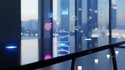 Business icons floating over a reflective surface in a modern office setting