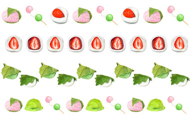 Watercolor Japanese Sweets Line Set – Spring Wagashi Sakura Mochi Uguisu Mochi Ichigo Daifuku Kashiwa Mochi Dango