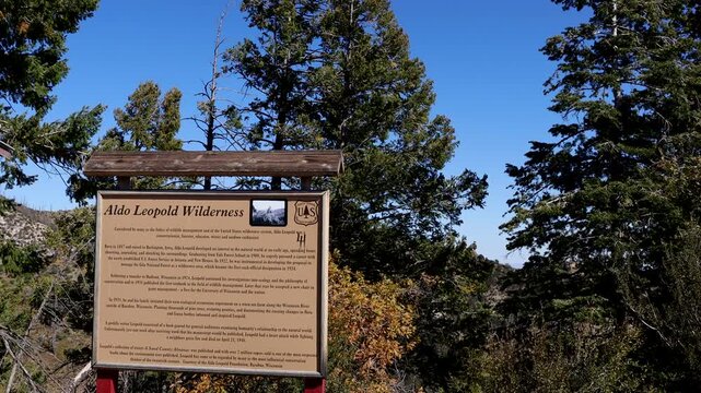 Historic sign commemorating Aldo Leopold and the wilderness named for him, which he spearheaded in southwestern New Mexico