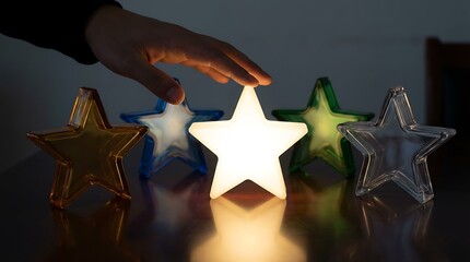 五つの星から輝く一点を選び取る手が示す品質評価の象徴