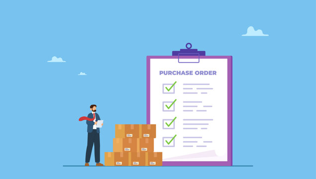 Businessman procurement checking purchase order. Purchase order shopping retails, procurement checklist or online store delivery, consumer product and service, marketing sale or payment.