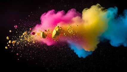 Naklejka premium Colorful powder explosion on black background, vibrant Holi festival concept.