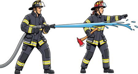 Fototapeta premium Brave firefighters in action, extinguishing fire with water hose, teamwork emergency response, fire safety protection, rescue operation, uniformed fire department heroes