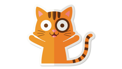Stylized Orange Tabby Cat with Wide Eyes and Striped Tail Posed with Open Paws and a Happy Expression Against a Black Background with White Outline