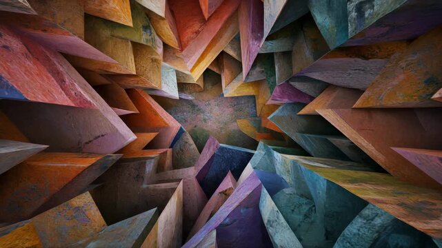 Abstract geometric tunnel with angular, colorful, and textured shapes creating a sense of depth and complexity.