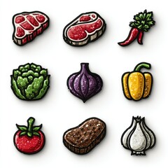 Collection of Fresh Food Ingredients and Meats Hand Drawn Style.