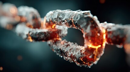 Close-up of a glowing chain link with fiery details.