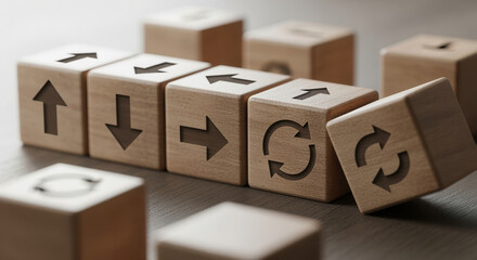Wooden cubes featuring strategic direction icons aligned manually using crisp macro detail and smooth blurred surroundings