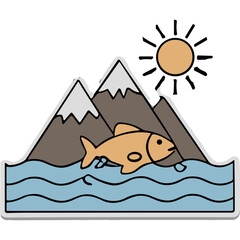 Naklejka premium Illustration of a Golden Fish Jumping in Wavy Blue Water Below Snow Capped Mountains Under a Bright Yellow Sun with Rays