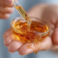 Close-up of hands holding a glass bowl with golden liquid and a dropper dispensing more liquid.