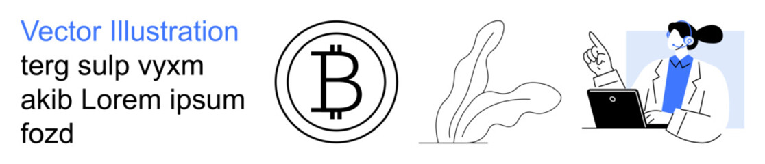 Blockchain, cryptocurrency, finance, remote work, technology, personal branding. A Bitcoin symbol, abstract plant and person at laptop. Cryptocurrency and remote work