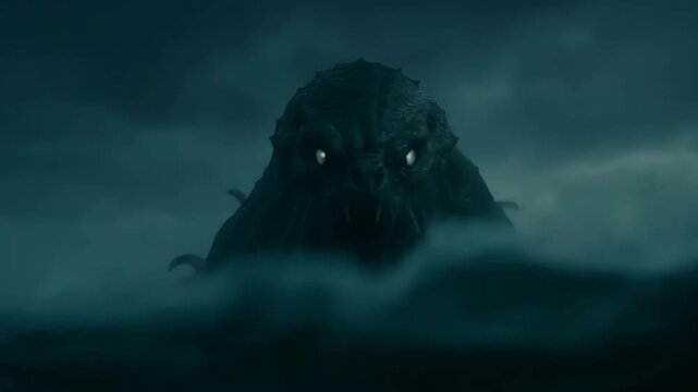 A colossal sea monster with glowing white eyes rises from a stormy ocean at night, its dark tentacles curling behind its massive, scaly head as waves crash around it under a brooding sky.
