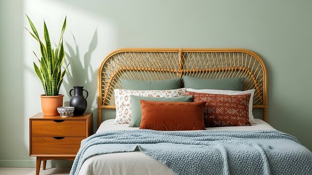 Cozy bedroom interior with rattan headboard and potted snake plant.