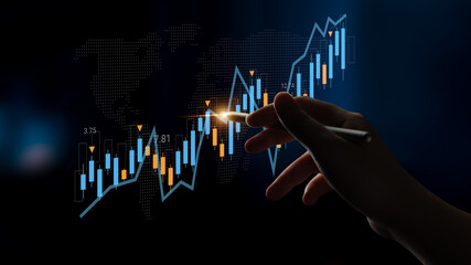 A hand is pointing at a financial graph displaying a rising trend, symbolizing growth and success, set against a dark background with a world map design, ideal for market analysis. Gantry