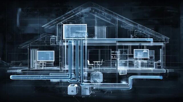 Medium shot of HVAC drafting emphasizing residential system modifications revealing HVAC component placement and airflow optimization on digital screens.