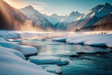 Scenic winter river flowing through a snowy mountain landscape at sunset with ice floes on the water. A beautiful nature composition.