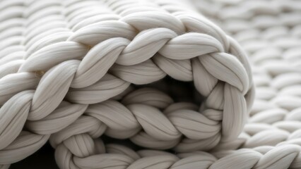 Cozy chunky knit merino wool blanket rolled up close up.