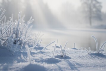 Close up of frosted grass on snowy ground with blurred winter landscape. Nature view in cold weather for season background.