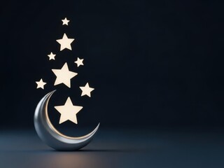 Ramadan kareem crescent moon and stars on dark background. Islamic holiday concept.