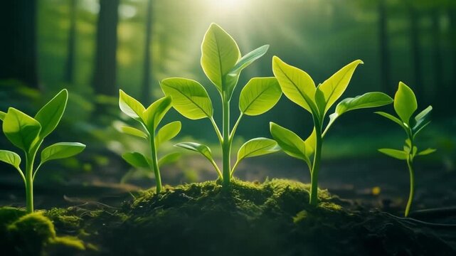 静かな森が新芽に包まれて成長を象徴する穏やかな変化のシーン