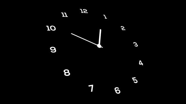 Animated design of an analog clock in white on a black background