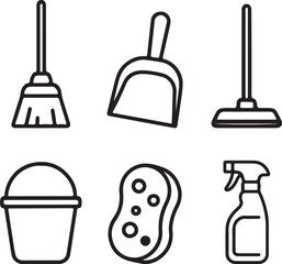 Cleaning tools outline icons set. household sanitation equipment