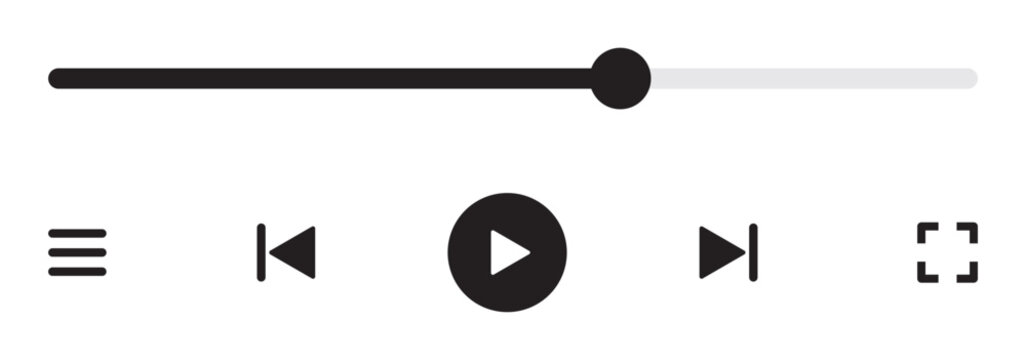 Music or video play bar icon on white background. Audio player for songs or podcast playlist. Loading bar with time slider, pause, rewind and fast forward buttons. eps 10