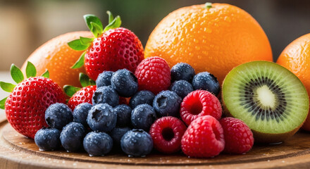 Obraz premium Vibrant Arrangement of Fresh Berries Citrus and Kiwi
