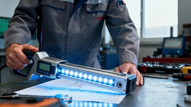 Technician using a digital beam alignment tool with LED indicators focusing on accuracy and ergonomic design in a workshop environment.