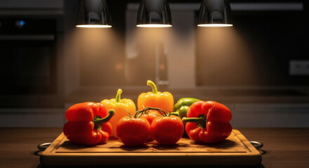 Fresh colorful bell peppers and ripe tomatoes on wooden board