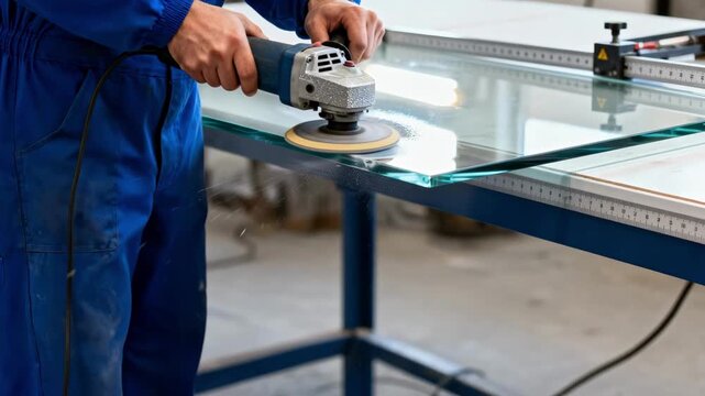 Skilled worker smooths the beveled edges of a glass tabletop highlighting precision and detail in the manufacturing process