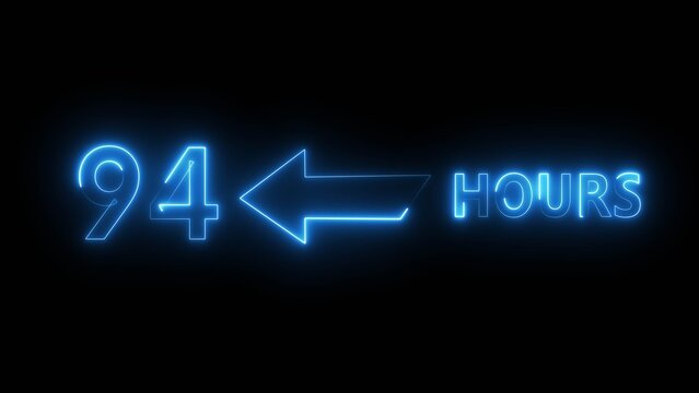 94 Hours number illustration. Counting neon number text.  Neon timer number. Neon number on black background.