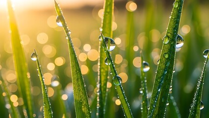Close-up of fresh green grass blades with water droplets at sunrise